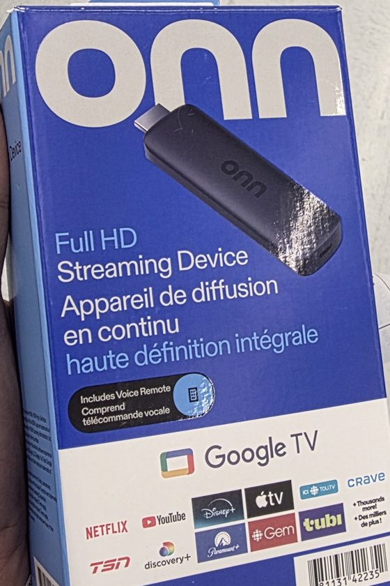 The Onn Full HD Streaming Device box with Google TV and voice remote, as sold at Walmart
